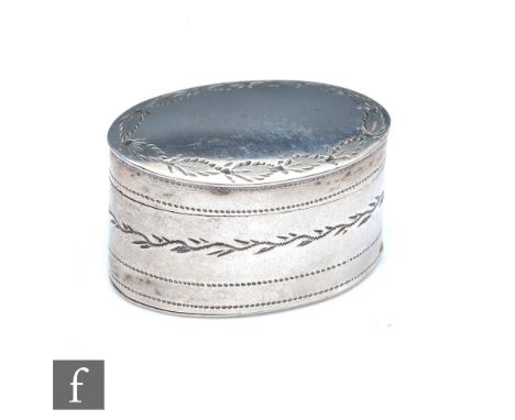 A George III hallmarked silver oval nutmeg grater with bright cut leaf border, iron rasp, length 3.5cm, Birmingham 1801, Samu