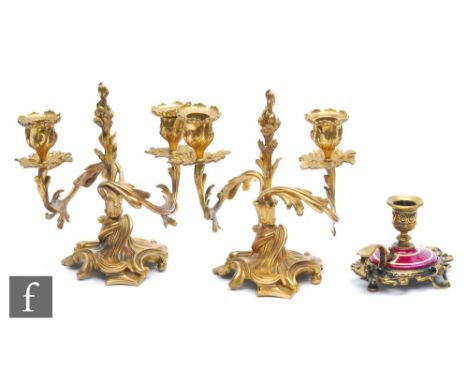 A pair of early 20th Century gilt acanthus table candelabras on scroll bases, height 20cm, and a brass renaissance style cham