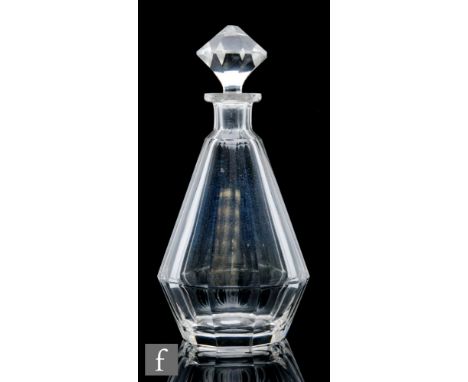 An early 20th Century Art Deco cut crystal glass decanter by Moser, the tapered slice cut body with matched slice cut stopper