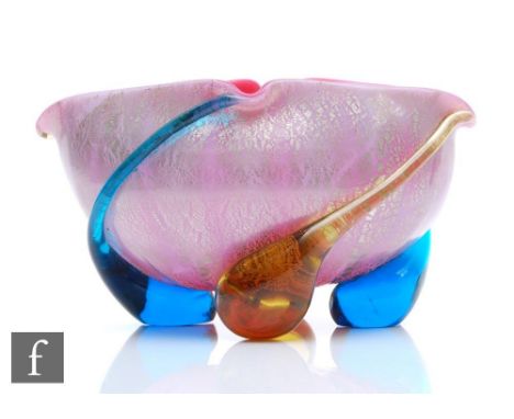 A late 19th to early 20th Century Harrach torpedo bowl, the diamond form bowl with lipped rim, cased in pale pink over deep p