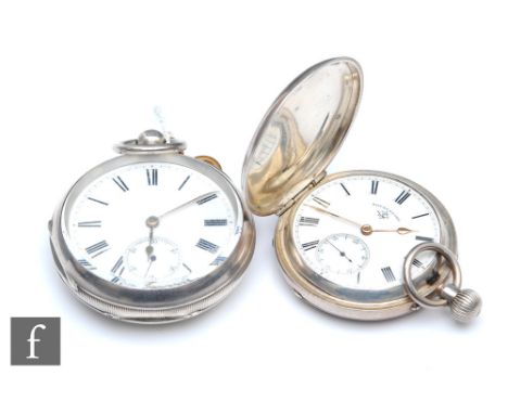 Two hallmarked silver pocket watches, a crown wind full hunter and an open faced lever example, Birmingham 1891 and 1896. (2)