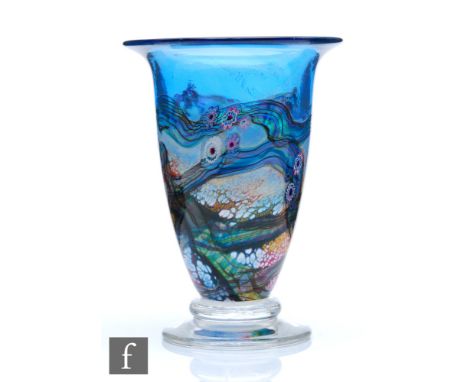 A contemporary Jonathan Harris Studio glass vase of footed and flared form in the Watergarden pattern with murrine canes and 