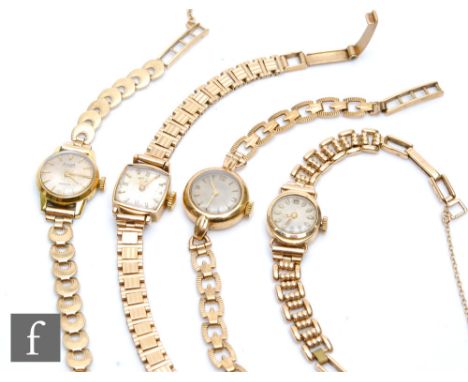 Three 9ct lady's manual wind wrist watches to include a Rotary example, each to a 9ct bracelet, total weight 38g, with a simi
