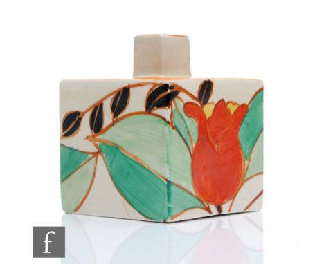A Clarice Cliff shape 458 square inkwell circa 1930, hand painted in the Red Tulip pattern with stylised flowers and foliage 