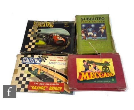 A collection of assorted toys, to include a Scalextric GP1 set, a Scalextric MM/A129 Grande Bridge, a Meccano No. 7 set, and 