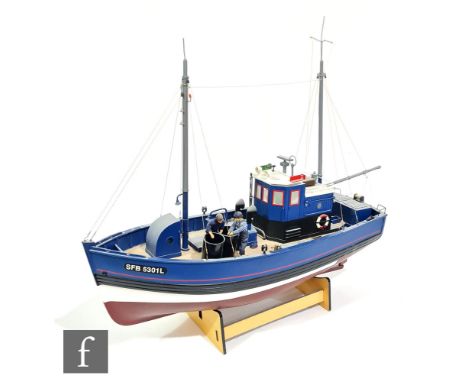 A Lobmaster model lobster fishing boat, complete with crew figures, display stand and box, together with a Hobby Engine 1:36 