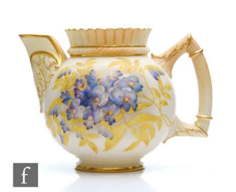 A Royal Worcester shape 1382 blush ivory jug decorated with violets and foliage, the spout and handle with moulded detailing,