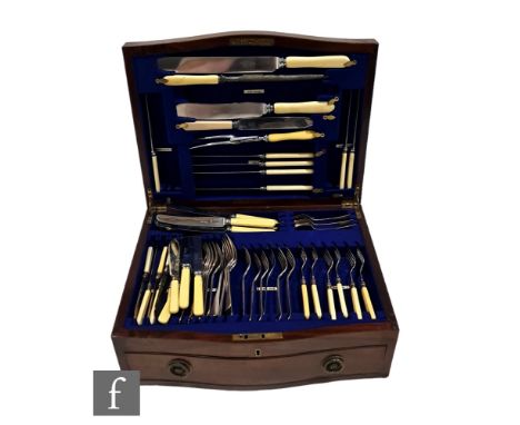 A mahogany cutlery box containing assorted associated flat ware to include bone handed knives, silver plated forks, spoon, ca