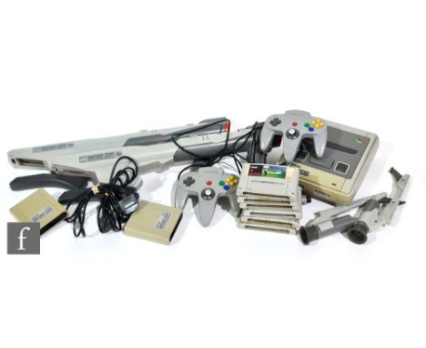A Super Nintendo (SNES) console with six games, controller, mouse, and two Nintendo Scopes, all unboxed. 