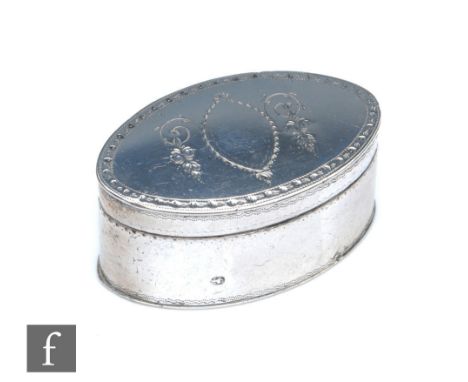 A George III hallmarked silver oval nutmeg grater, hinged lid and base, iron rasp, length 5cm, London 1809,&nbsp;Thomas Phipp