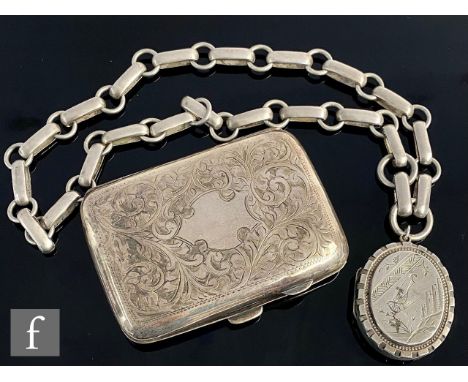 A late 19th Century silver oval locket suspended from a white metal dog link chain, with a hallmarked silver cushioned rectan
