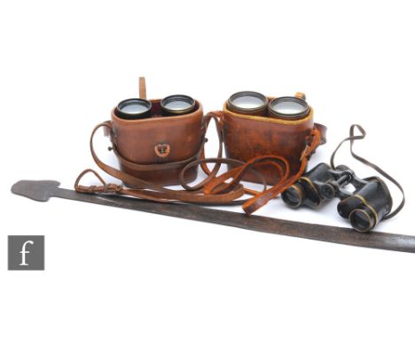 A pair of World War One British Army Officers binoculars MK5, a similar pair, both in leather cases and an uncased pair by Go