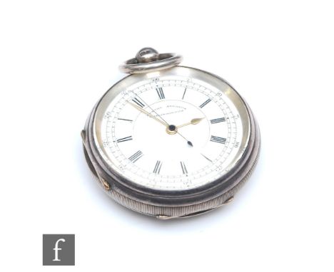 A hallmarked silver open faced, key wind chronograph pocket watch, Roman numerals to a white enamelled dial, case diameter 58