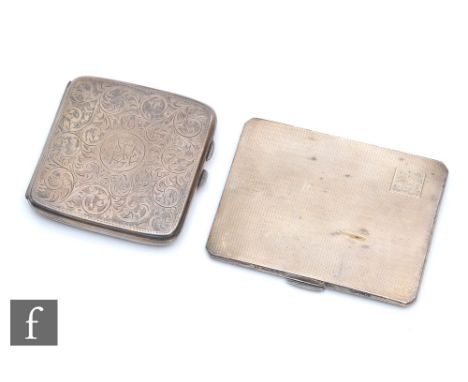 Two hallmarked silver cigarette cases, one foliate decorated the other engine turned, total weight 9oz, Birmingham 1922 and 1