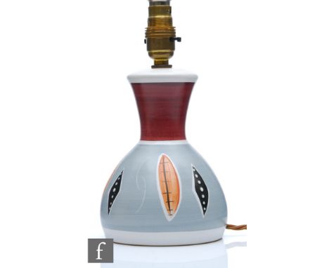 A 1950s table lamp decorated with abstract brown and black motif against a pale grey ground with a burgundy band to the neck,