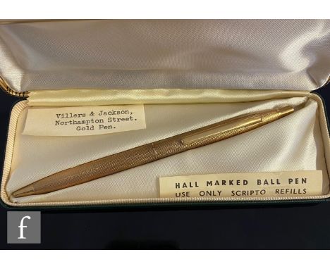 A 9ct hallmarked cased ball point pen with engine decoration to whole, engraved initials J.T to case, weight 23.5g, length 14