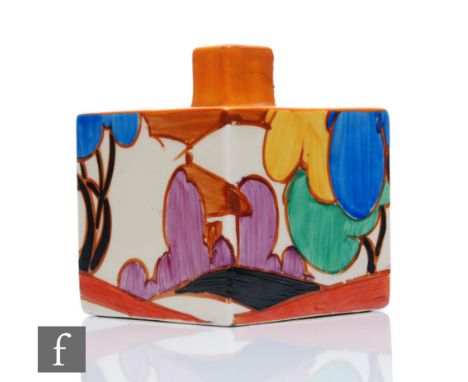 A Clarice Cliff shape 458 square inkwell circa 1930, hand painted in the Blue Autumn pattern with a stylised tree and cottage