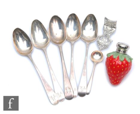 Five hallmarked silver teaspoons with a salt spoon, a modern white metal and ceramic scent bottle and stand modelled as a str