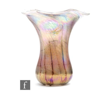 A large later 20th Century studio glass vase by Kris Heaton for Neo Art Glass, of sleeve form with a flared wave rim, decorat