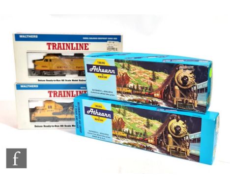 Four HO gauge US outline diesel locomotives, Athearn 4346 CSX 49, Athearn 4706 Seaboard System 6378, Walthers 931-103 Santa F