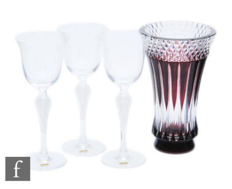 A 20th Century Val St Lambert cased crystal vase of waisted sleeve form, cased in ruby over clear crystal and flash cut with 