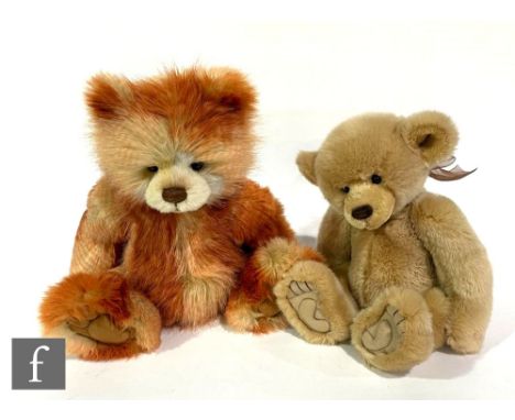 Two Charlie Bears teddy bears, Tango, blonde plush with orange tips, with swing label, height 46cm, and a blonde plush bear. 