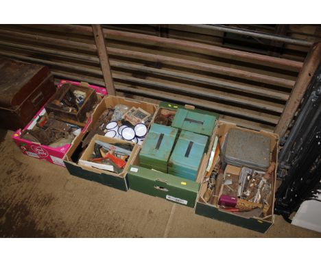 Four boxes containing various hand tools, fittings, enamel mugs etc.