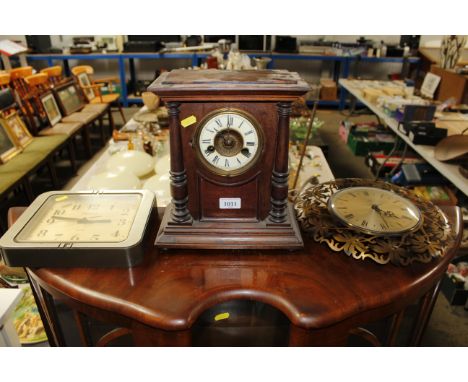An Edwardian mantel clock; a Metamec wall clock; and an Ingersoll quartz wall clock