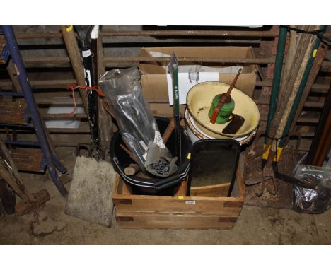 A wooden crate of various tools to include an enamel pail, oil cans, mirror, cable ties etc.