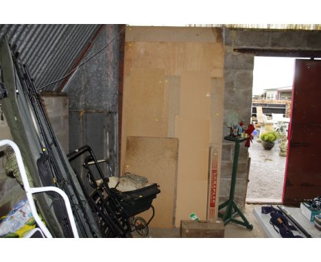 A quantity of chipboard and MDF, projector screen etc. 
