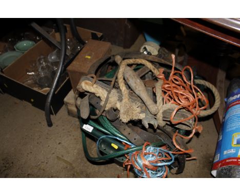 Two boxes of various tools; hosepipe etc