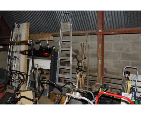 An aluminium step ladder and a box of various tools 