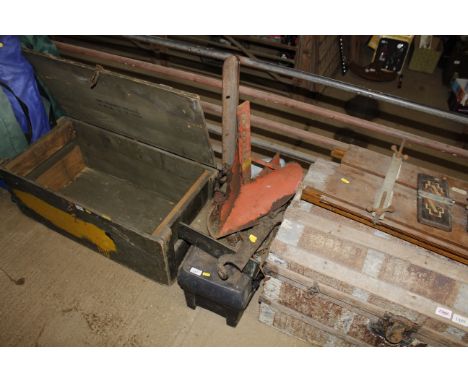 A plastic tool box and contents, balance scales etc.