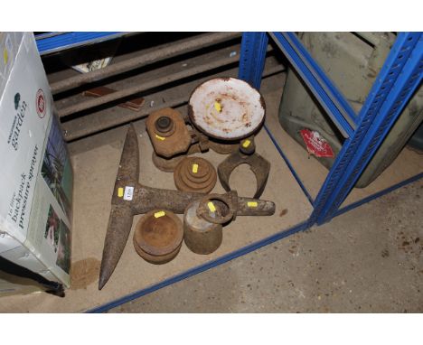A cobblers last and a quantity of weights, scales etc.