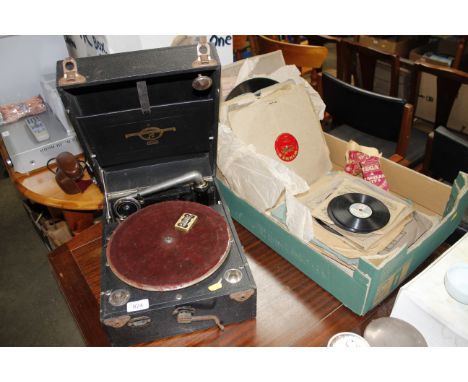 A Columbia wind up table model gramophone, various records