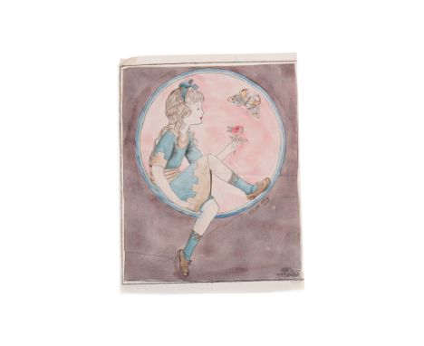 EARLY 20TH CENTURY SCOTTISH SCHOOL, GIRL WITH A ROSE AND BUTTERFLY, pen and watercolour on paper, in the manner of Jessie M. 