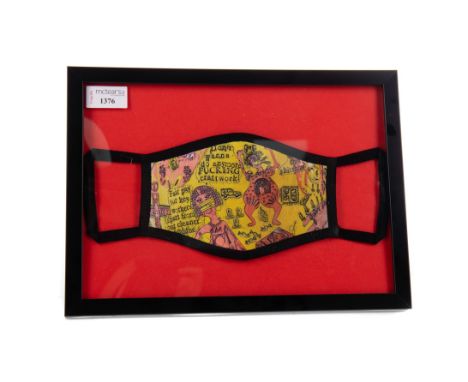 GRAYSON PERRY “WE SHALL CATCH IT ON THE BEACHES" FACE COVERING, framed and under glass, 23cm x 32cm overall
