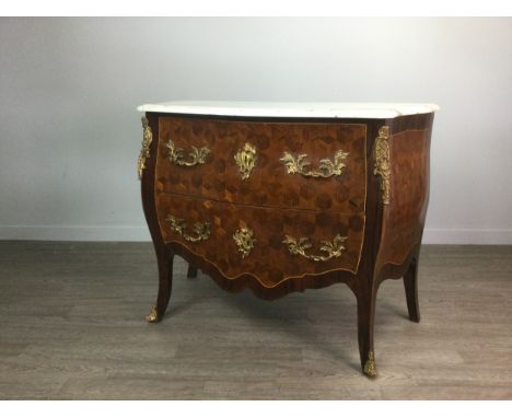 GILTMETAL MOUNTED ROSEWOOD AND KINGWOOD MARQUETRY COMMODE OF LOUIS XV DESIGN, of bombe form with veined white marble top, wit