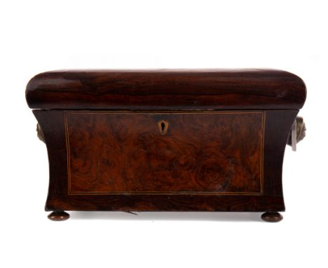 EARLY 19TH CENTURY WALNUT TEA CADDY, the hinged rectangular top opening to reveal twin compartments with hinged rosewood lids