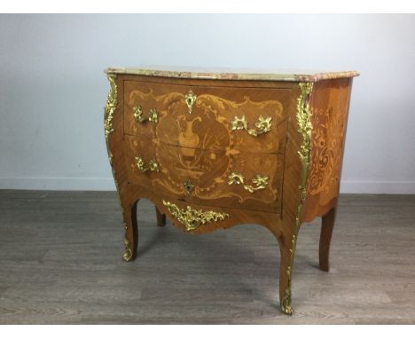 FRENCH GILTMETAL MOUNTED KINGWOOD AND MARQUETRY COMMODE OF LOUIS XV DESIGN, of bombe form, with rouge flecked marble top, the