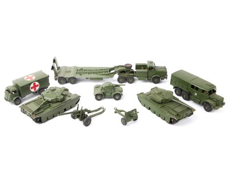 20 Military Dinky Toys. Antar Tank Transporter, 2x Centurion tanks, Medium Artillery tractor, 10-Ton Army Truck, Fordson Ambu