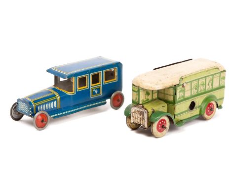 2 German tinplate Penny Toys.  A limousine style saloon car, possibly by Georg Fischer, 85mm, finished in bright blue with ye