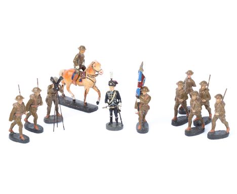 15 Elastolin British Army Figures. 14 in active service uniforms, 6 marching, rifles shouldered, soldier with trench periscop