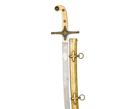 A Vic General officer’s mameluke hilted sword, curved flat blade 31½”, clipped back and DE at point, etched on both sides wit