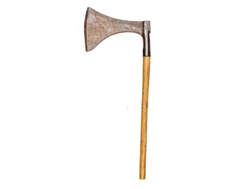 A large heavy German or Scandinavian wrought iron woodman’s axe of “execution” type, the blade 14½” deep with substantial int
