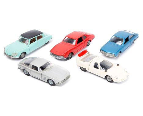 5 1960’s Italian Politoys Export 1:43 scale cars. Citroen DS21 in mint green with black roof, Iso Grifo in metallic silver, G