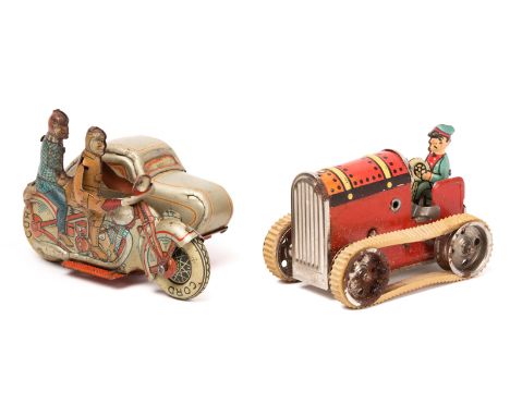 2 tinplate Penny Toys. A 1920’s Arnold clockwork penny toy motorcycle and sidecar. 90mm, motorcycle with rider and passenger,