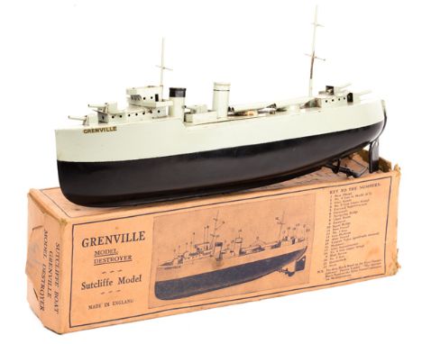 A scarce early Sutcliffe Grenville Model Destroyer. A tinplate clockwork Naval ship, an example in light grey with gloss blac