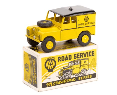 A 1950’s Morestone Series scale model Road Service vehicle. A Land Rover series 1 SWB in yellow and black livery with AA ROAD