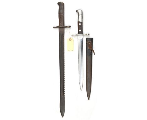 A Swiss M1918 Schmidt Rubin bayonet,  no 574966, in scabbard, near VGC; and a M1914 Schmidt Rubin saw backed bayonet, fullere